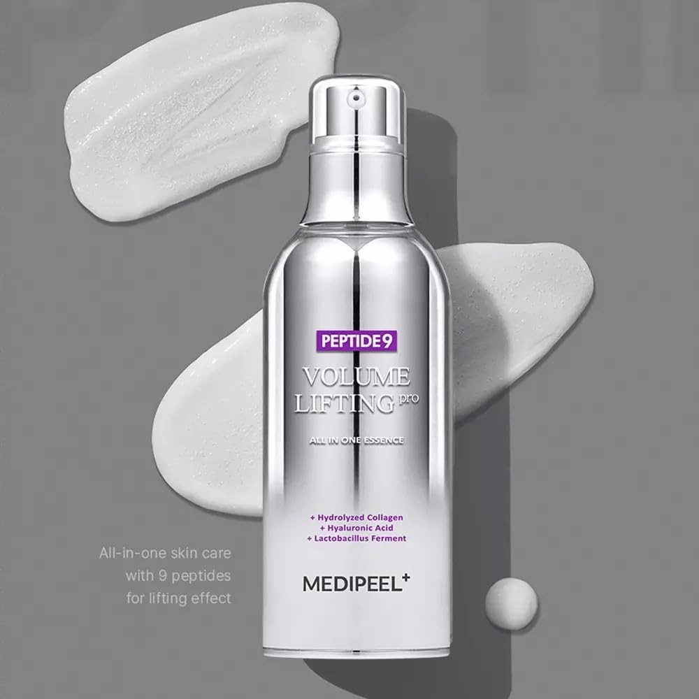 Medi-Peel Peptide 9 Volume Lifting All In One Essence Pro – koreanische Essenz mit Peptiden, Kollagen und Hyaluronsäure, die hilft, die Haut mit Feuchtigkeit zu versorgen und die Elastizität der Haut zu verbessern.
