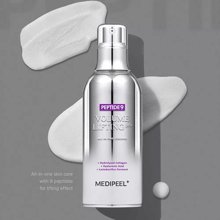 Medi-Peel Peptide 9 Volume Lifting All In One Essence Pro – koreanische Essenz mit Peptiden, Kollagen und Hyaluronsäure, die hilft, die Haut mit Feuchtigkeit zu versorgen und die Elastizität der Haut zu verbessern.