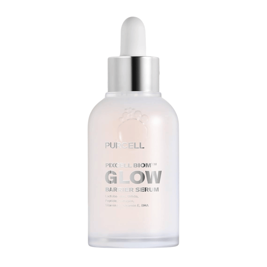 Produktbild av PURCELL Pixcell Biom Glow Barrier Serum i frostat glasflaska med pipett – stärker hudbarriären och ger naturlig glow.