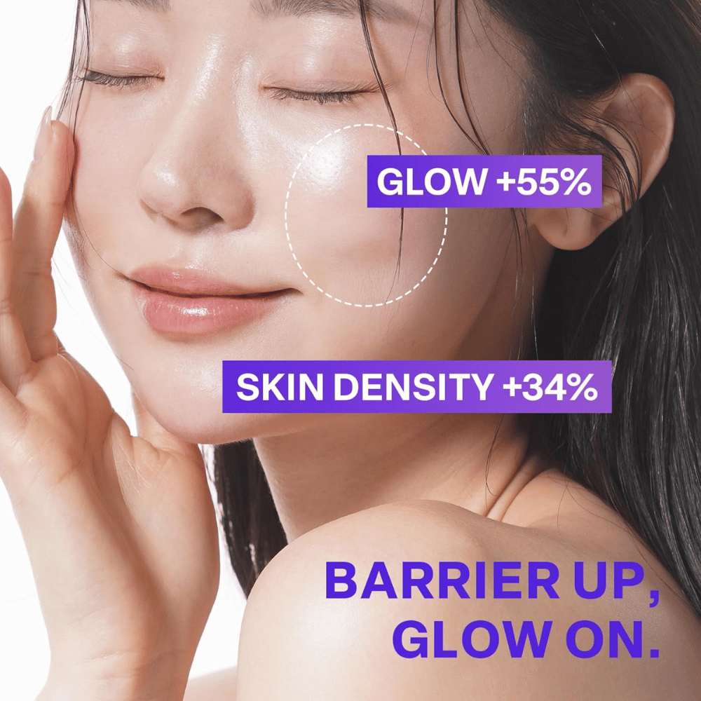 Nahaufnahme einer Frau mit strahlender Haut nach der Anwendung von PURCELL Pixcell Biom Glow Barrier Serum. Der Hautglanz erhöht sich um 55 % und die Dichte um 34 %.