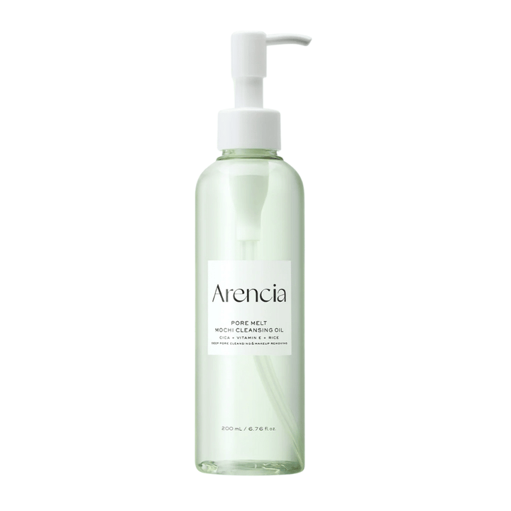 Arencia Pore Melt Mochi Cleansing Oil in voller Ansicht vor weißem Hintergrund, koreanisches Reinigungsöl mit Pumpflasche, das Poren reinigt und Make-up ohne Irritation entfernt.
