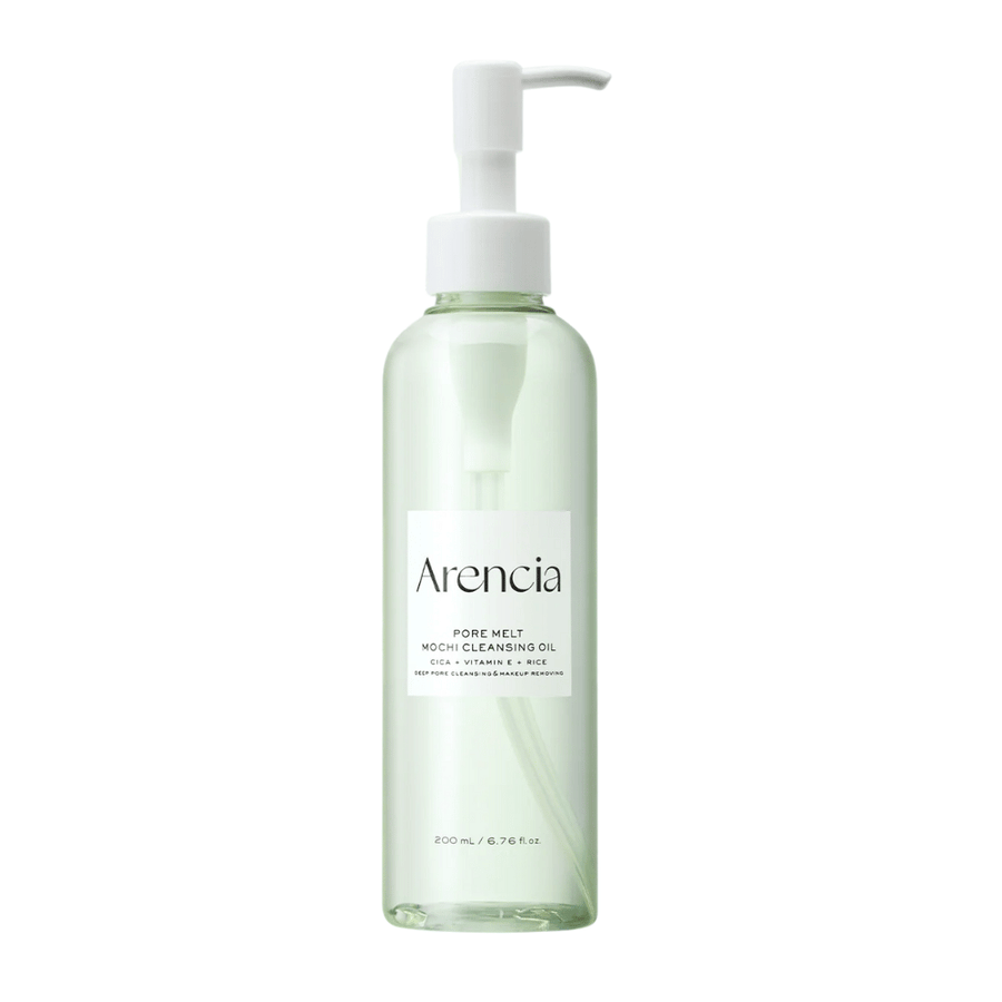 Arencia Pore Melt Mochi Cleansing Oil in voller Ansicht vor weißem Hintergrund, koreanisches Reinigungsöl mit Pumpflasche, das Poren reinigt und Make-up ohne Irritation entfernt.