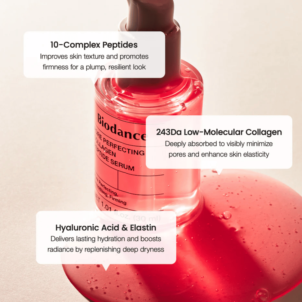 Biodance Pore Perfecting Collagen Peptide Serum mit Peptiden, Kollagen und Hyaluronsäure für festere Haut.