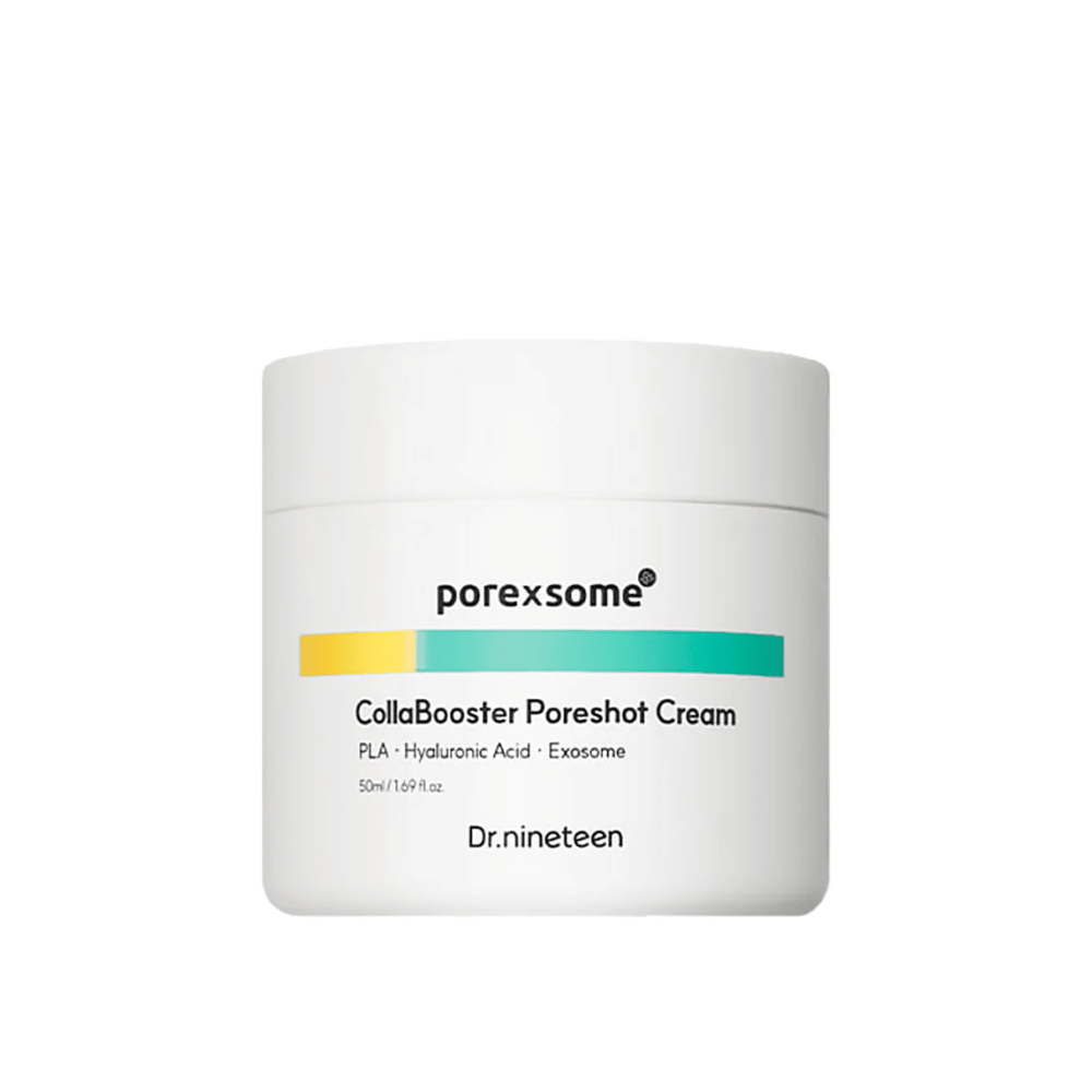 Produktbild von Porexsome CollaBooster Poreshot Cream in einem weißen Behälter mit Farbdetails in Gelb und Türkis. Eine porenverfeinernde und feuchtigkeitsspendende Gesichtscreme.