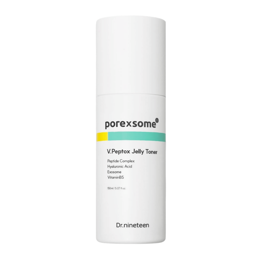 Produktbild von Dr.nineteen Porexsome V.Peptox Jelly Toner in einer weißen Flasche. Ein feuchtigkeitsspendender Toner mit Peptiden, Exosomen und Vitamin B5.