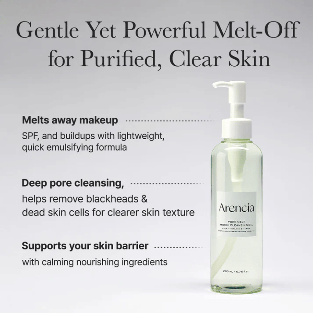 Arencia Pore Melt Mochi Cleansing Oil in voller Ansicht mit Text über Tiefenreinigung, löst Make-up, SPF und Unreinheiten, während das Feuchtigkeitsgleichgewicht der Haut erhalten bleibt.