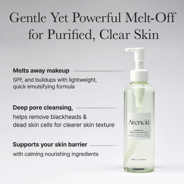 Arencia Pore Melt Mochi Cleansing Oil in voller Ansicht mit Text über Tiefenreinigung, löst Make-up, SPF und Unreinheiten, während das Feuchtigkeitsgleichgewicht der Haut erhalten bleibt.