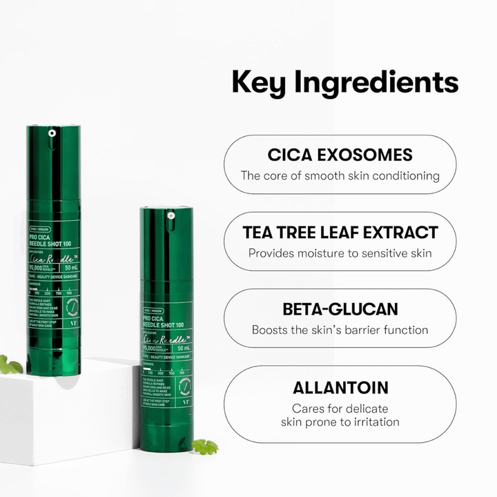 VT Cosmetics Pro Cica Reedle Shot 100 mit Schlüssel-Inhaltsstoffen wie CICA-Exosomen, tea tree-Extrakt, Beta-Glucan und Allantoin für beruhigende und barriereverstärkende Hautpflege