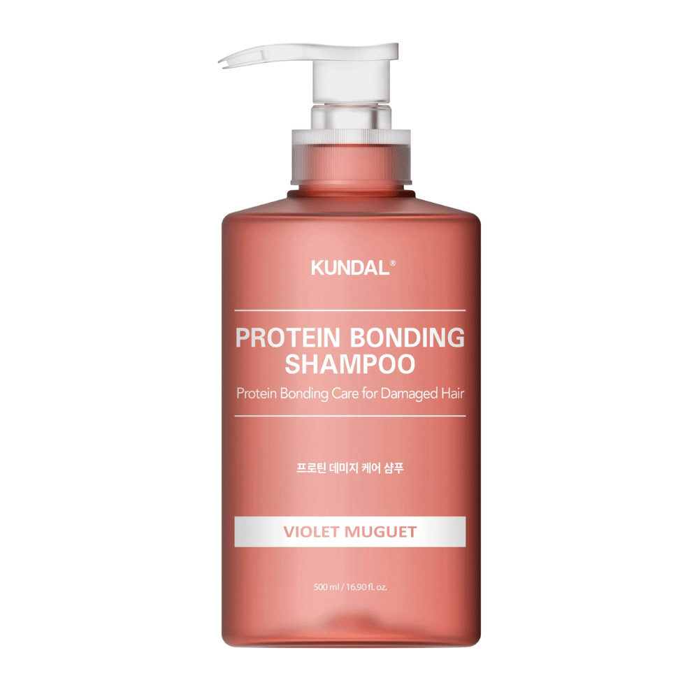KUNDAL Protein Bonding Shampoo Violet Muguet 500 ml in einer Pumpflasche vor weißem Hintergrund.