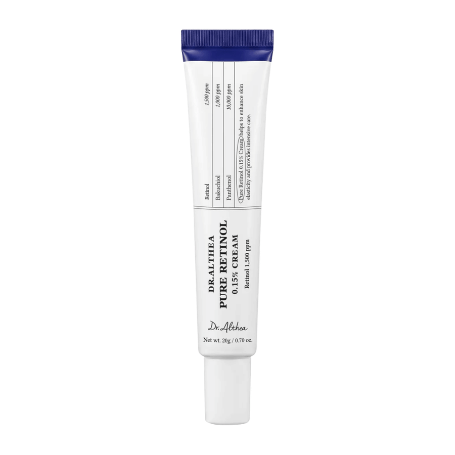 Freigestelltes Produktbild von Dr. Althea Pure Retinol 0.15% Cream vor weißem Hintergrund. Das minimalistische Tubendesign hebt den reinen und klinischen Ausdruck des Produkts hervor, während die Retinolkonzentration deutlich auf der Verpackung kommuniziert wird.