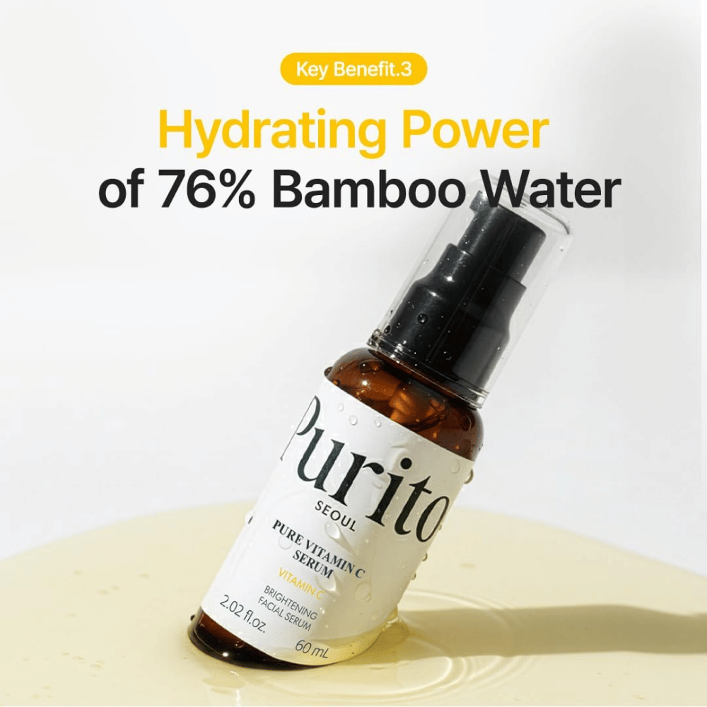 Purito SEOUL Pure Vitamin C Serum mit 76 % Bambuswasser, das hilft, die Haut mit Feuchtigkeit zu versorgen, während das Serum ihr Ausstrahlung verleiht.