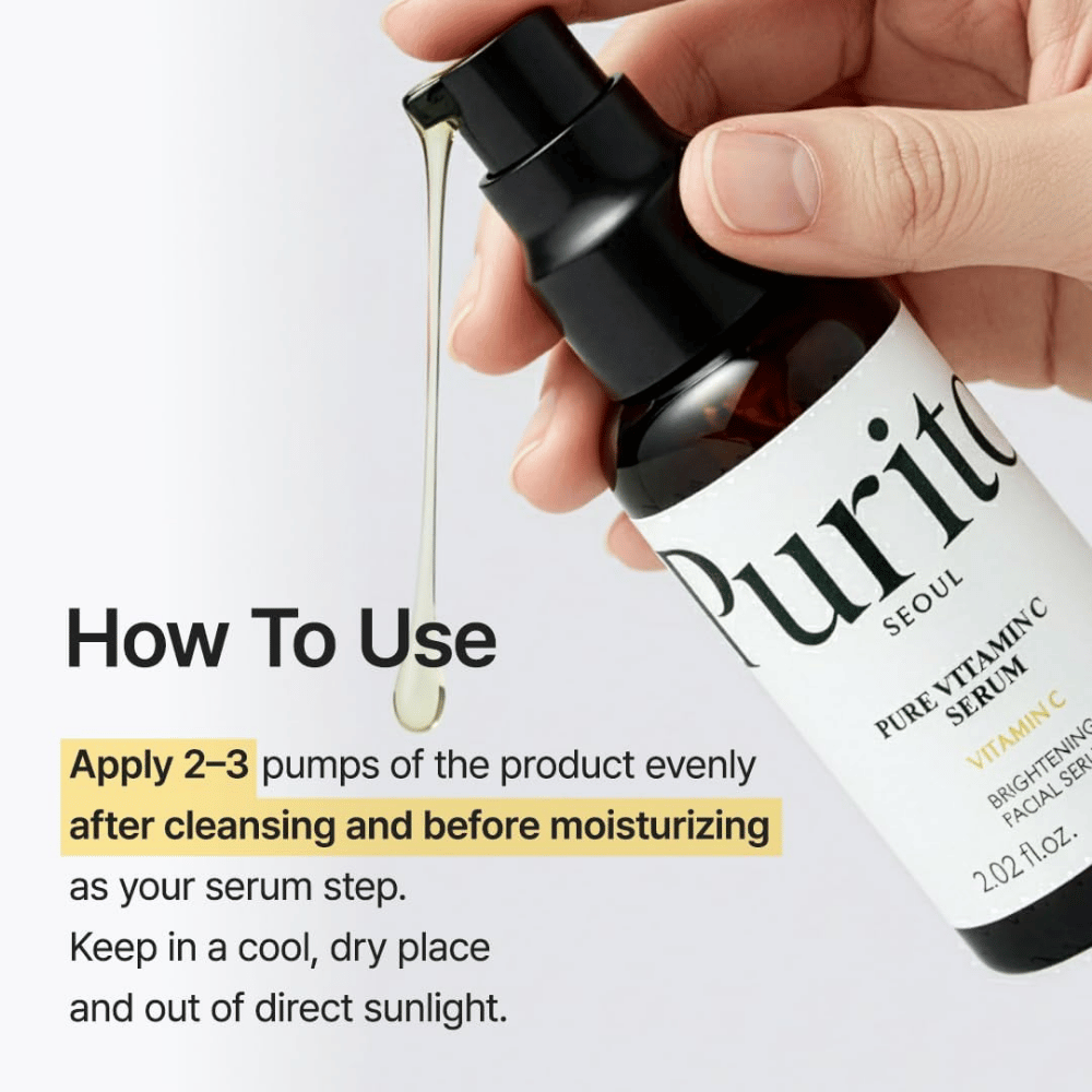 So verwendest du Purito SEOUL Pure Vitamin C Serum – trage nach der Reinigung und vor der Gesichtscreme 2–3 Pumpstöße als Serum-Schritt in der Hautpflegeroutine auf.