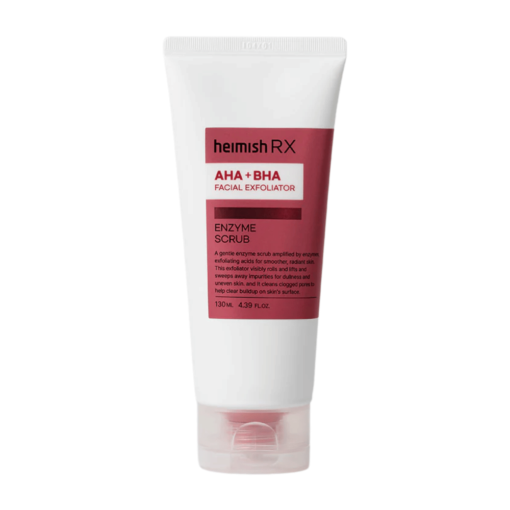 Heimish RX AHA + BHA Enzym-Peeling in einer weißen Tube mit rotem Etikett. Ein Gesichtspeeling, das AHA und BHA enthält, um Unreinheiten zu entfernen und die Hautstruktur zu verbessern. Das Produkt ist vor einem weißen Hintergrund platziert.