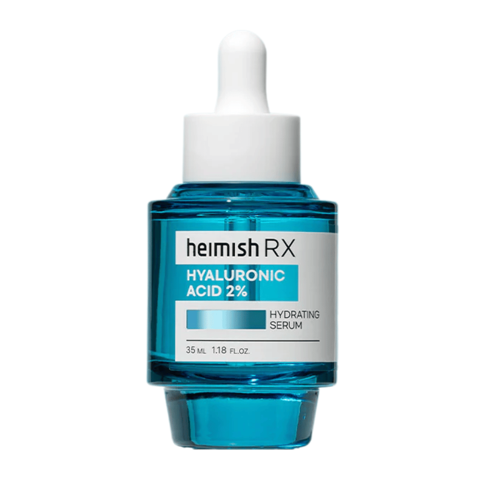 Heimish RX Hyaluronsäure 2% Feuchtigkeitsserum in einer blauen Glasflasche mit Pipettendeckel, entworfen für intensive Hautbefeuchtung.