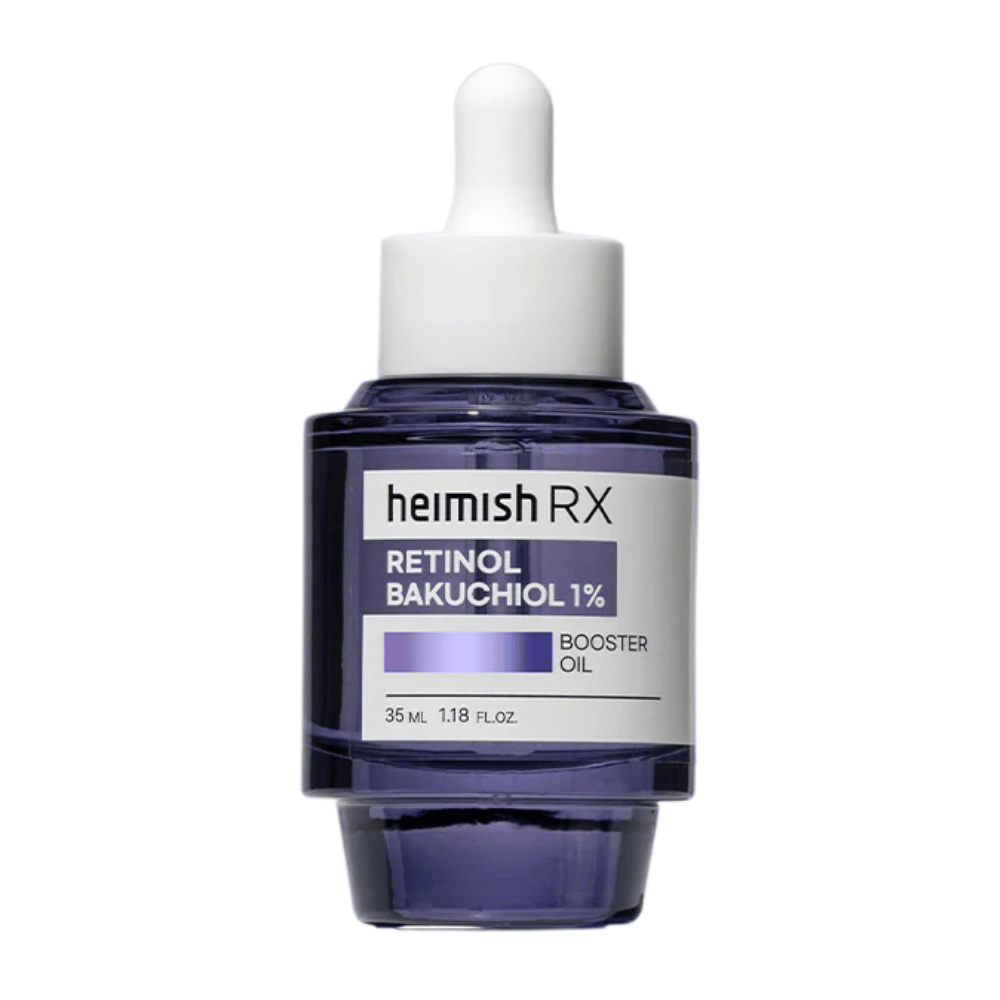 Heimish RX Retinol Bakuchiol Booster Oil in einer eleganten lila Glasflasche mit Pipette, entworfen, um die Hautelastizität zu verbessern und feine Linien zu reduzieren.