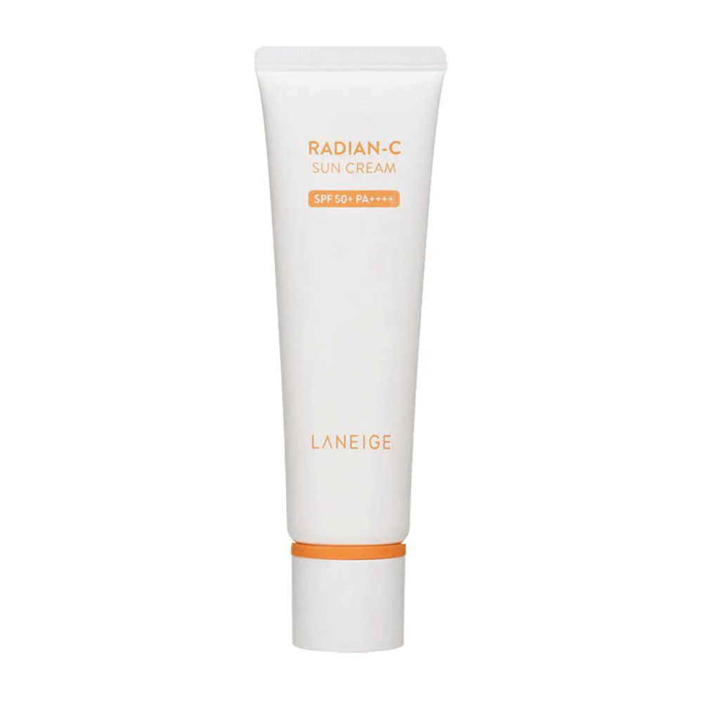 LANEIGE Radian-C Sun Cream SPF 50+ PA++++ in einer weißen Tube mit orangem Text, freigestellt vor weißem Hintergrund.