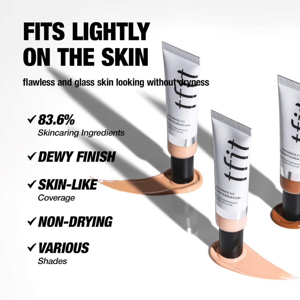 Tuben von TFIT Radiance Fit Serum Foundation platziert auf Foundation-Creme mit Text, der die Eigenschaften des Produkts hervorhebt, einschließlich feuchtigkeitsspendender Inhaltsstoffe, taufrischem Finish und hautähnlicher Deckkraft.