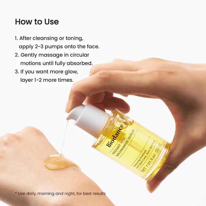 Biodance Radiant Vita Niacinamide Serum wird auf die Hand aufgetragen – wie man das Serum nach der Reinigung für gleichmäßigeren Hautton und Glow verwendet