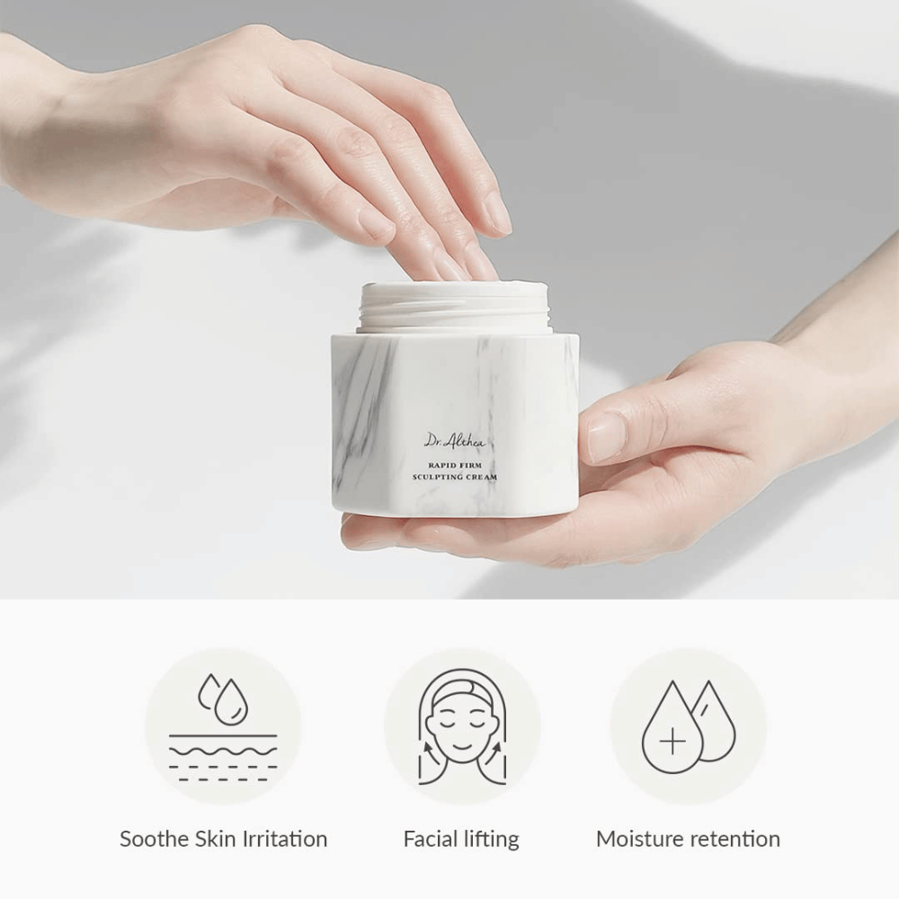 Dr. Althea Rapid Firm Sculpting Cream in einer eleganten Marmorverpackung. Das Produkt bietet Vorteile wie Beruhigung von Hautirritationen, Gesichtslifting und Feuchtigkeitserhalt. Perfekt, um die Haut zu stärken und zu heben.