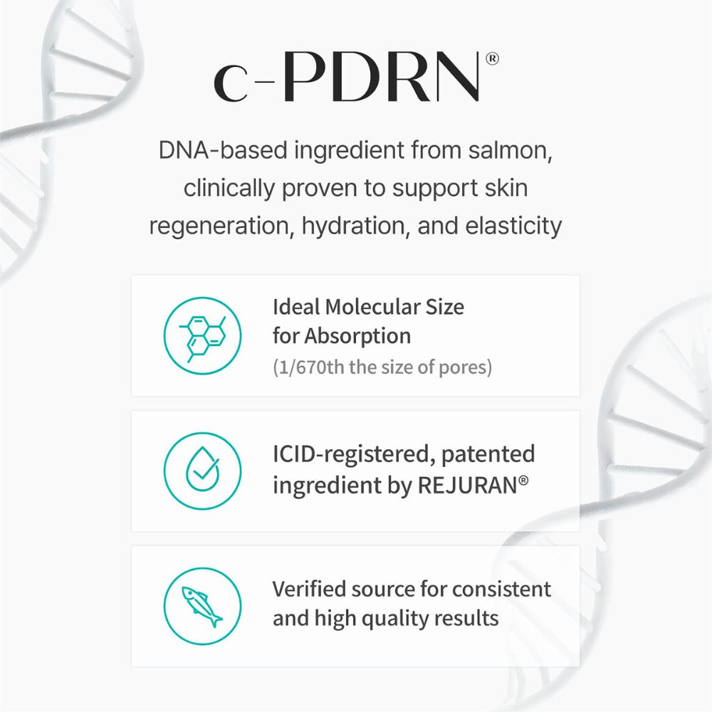 Illustration von C-PDRN aus Lachs-DNA mit Informationen über die feuchtigkeitsspendenden Eigenschaften des Inhaltsstoffs und die Unterstützung der Hautelastizität.