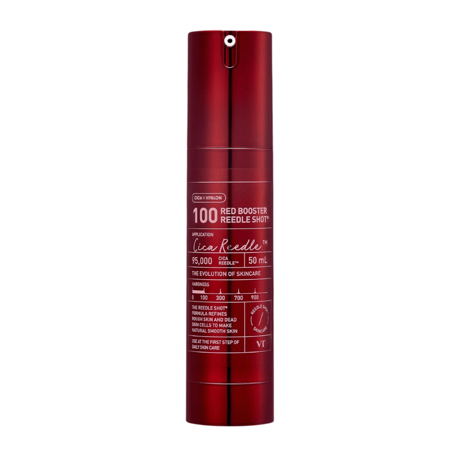 VT Cosmetics Red Booster Reedle Shot 100 Microneedling-Serum in roter Flasche auf weißem Hintergrund, 50 ml, entwickelt für Peeling, Hauterneuerung und verbesserte Aufnahme in der Hautpflegeroutine.