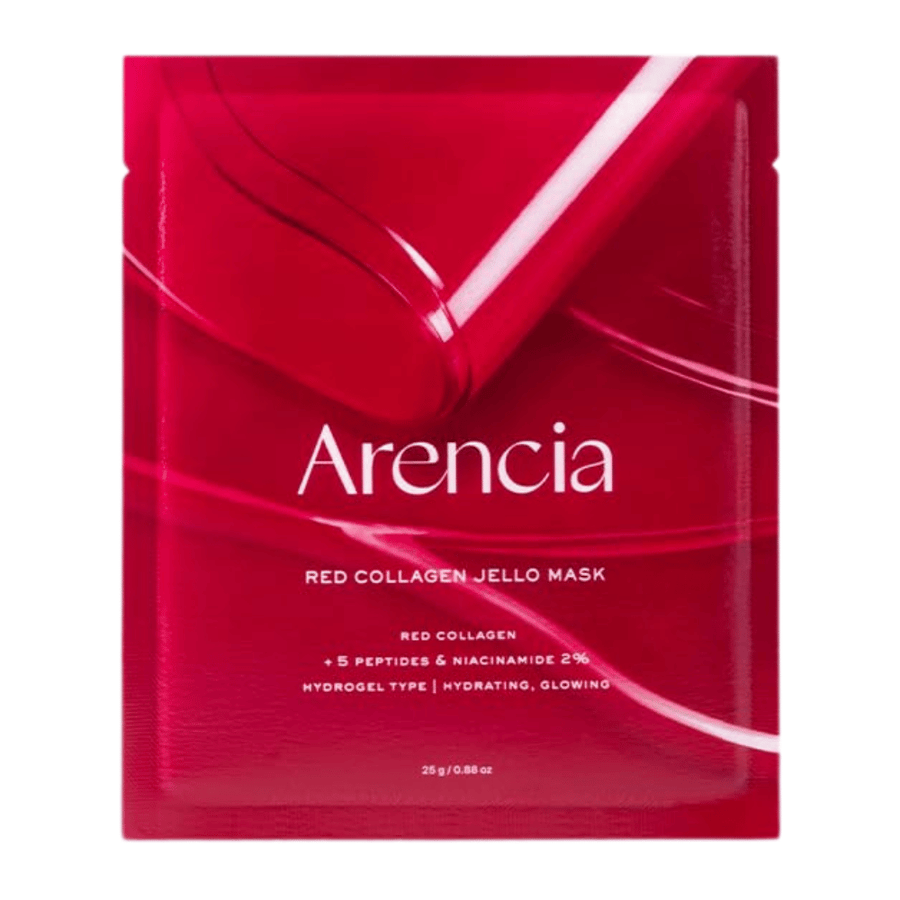 Nahaufnahme von Arencia Red Collagen Jello Mask, die die gelartige Konsistenz und die serumreiche Maske für intensive Kollagenpflege zeigt.