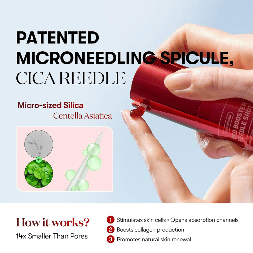Nahaufnahme von VT Cosmetics Red Booster Reedle Shot 100, die patentierte Microneedling-Spicule mit CICA Reedle, mikroskopischem Silica und Centella Asiatica zeigt, die die Hauterneuerung und Kollagen stimulieren.