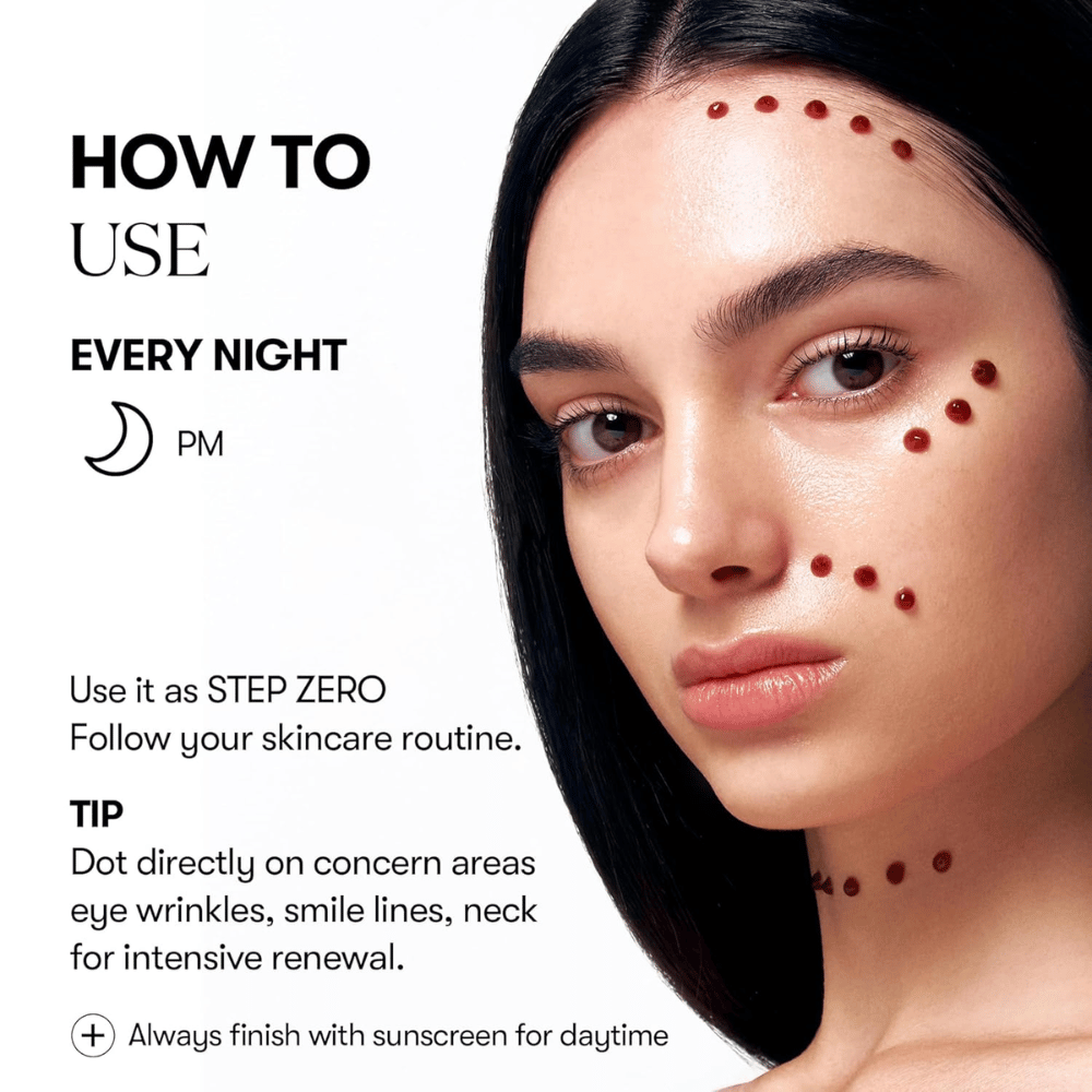 Modell zeigt, wie VT Cosmetics Red Booster Reedle Shot 100 punktuell im Gesicht am Abend angewendet wird, als erster Schritt in der Hautpflegeroutine, für intensive Erneuerung von Falten, Linien und Hautstruktur.
