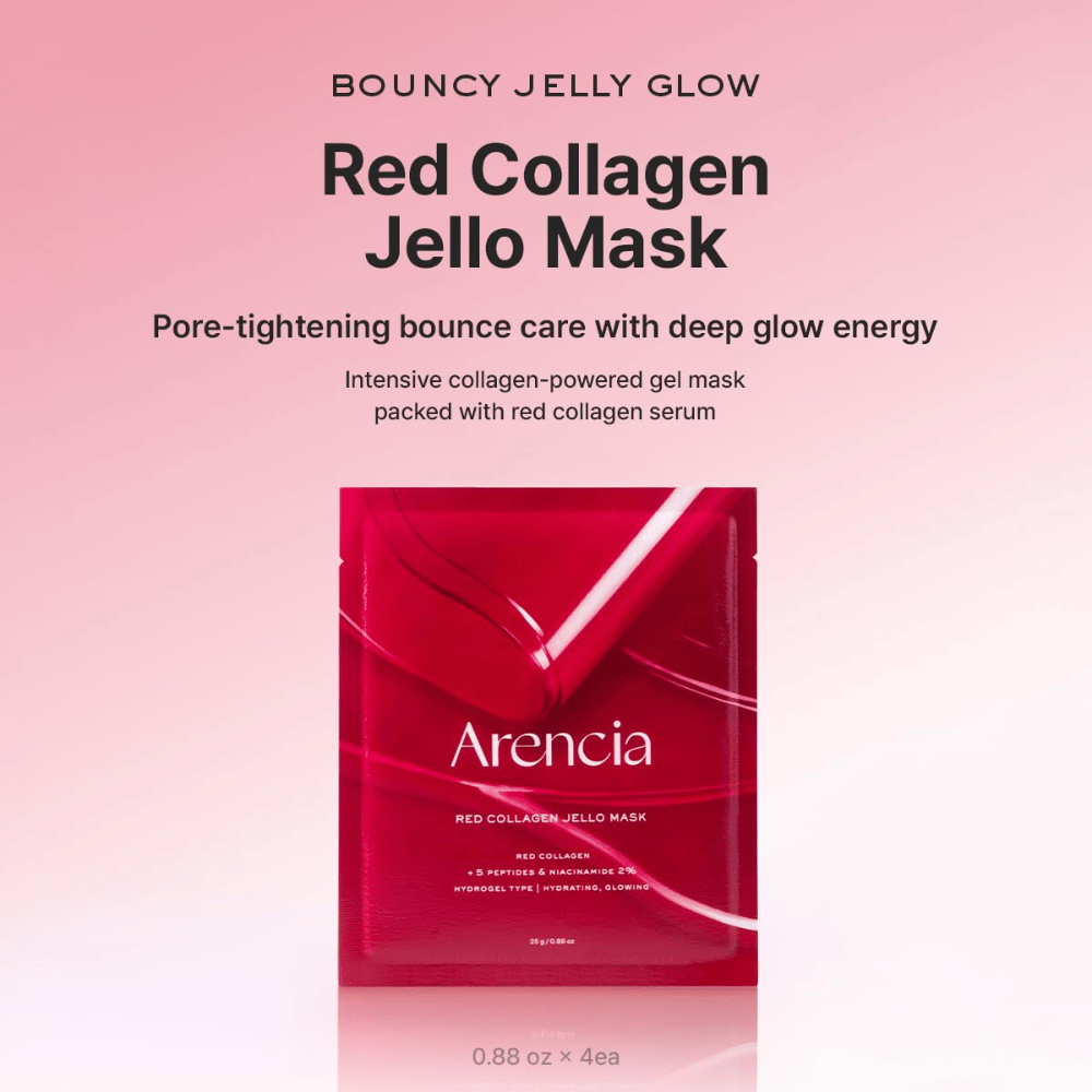 Arencia Red Collagen Jello Mask in Originalverpackung – koreanische Hydrogelmaske mit rotem Kollagen und Peptiden für pralle, hydratisierte und strahlende Haut.