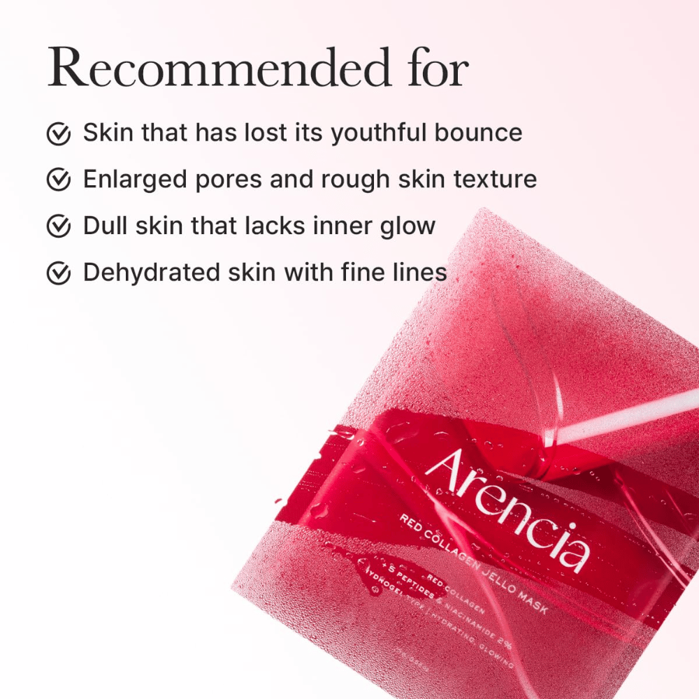 Arencia Red Collagen Jello Mask wird für müde Haut, vergrößerte Poren, ungleichmäßige Hautstruktur und dehydrierte Haut mit feinen Linien empfohlen.
