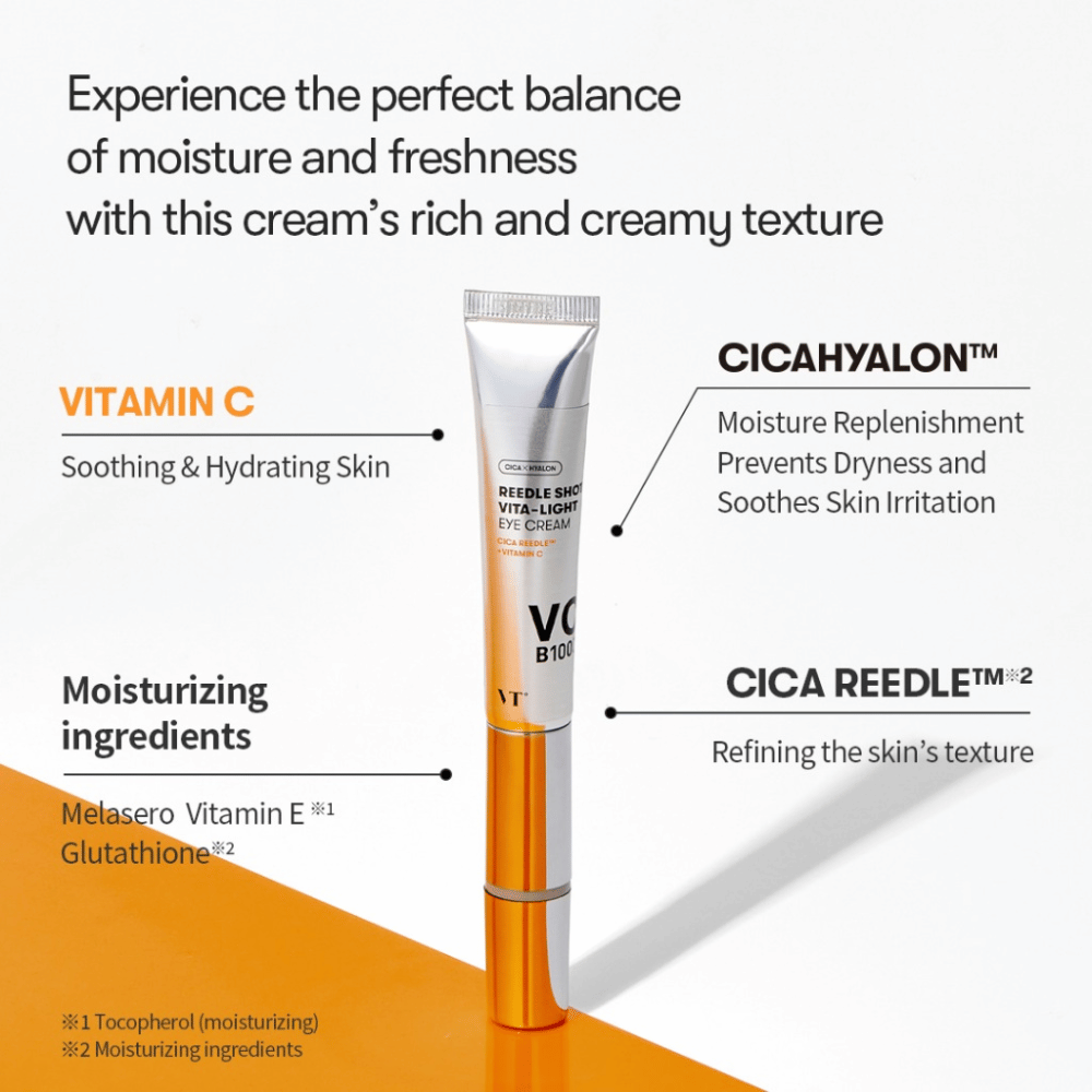 VT Reedle Shot Vita-Light Eye Cream mit Vitamin C, E und CICA-Komplex – Augencreme in metallischer Tube, die Feuchtigkeit spendet, beruhigt und die Hautstruktur verbessert.
