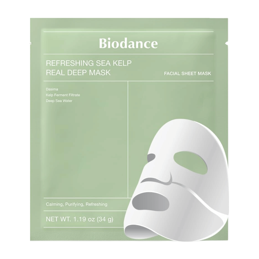 Biodance Refreshing Sea Kelp Real Deep Mask – eine beruhigende und feuchtigkeitsspendende Gesichtsmaske mit fermentiertem Seetang und tiefem Meerwasser. Reinigt, balanciert und verleiht der Haut einen frischen Glanz.