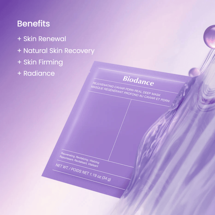 Biodance Rejuvenating Caviar PDRN Real Deep Mask auf Modell mit natürlichem Glanz und sichtbarem Glow nach Anwendung