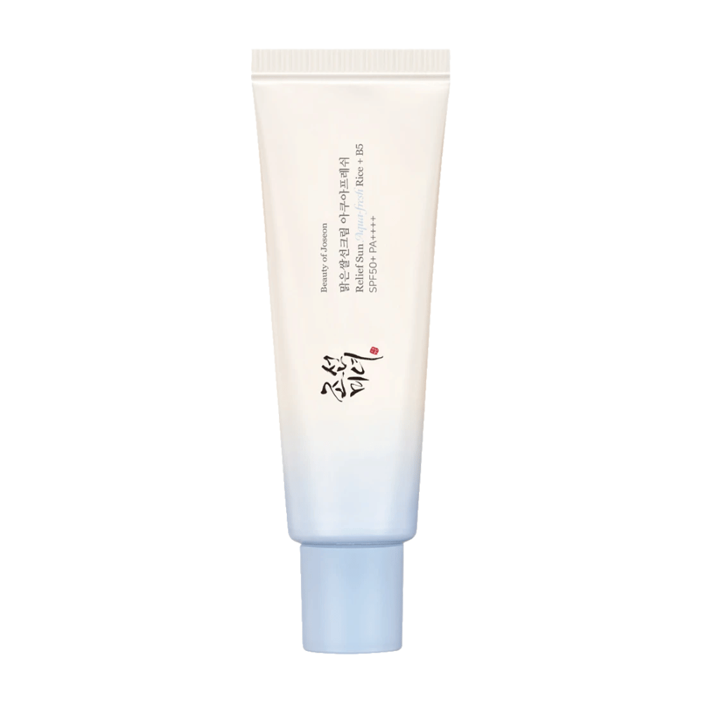 Beauty of Joseon Relief Sun: Aqua-Fresh Rice + B5, Sonnencreme mit SPF 50+ PA++++. Eine leichte und feuchtigkeitsspendende Formel, die die Haut vor UV-Strahlung schützt und gleichzeitig mit Reisextrakt und Vitamin B5 pflegt.