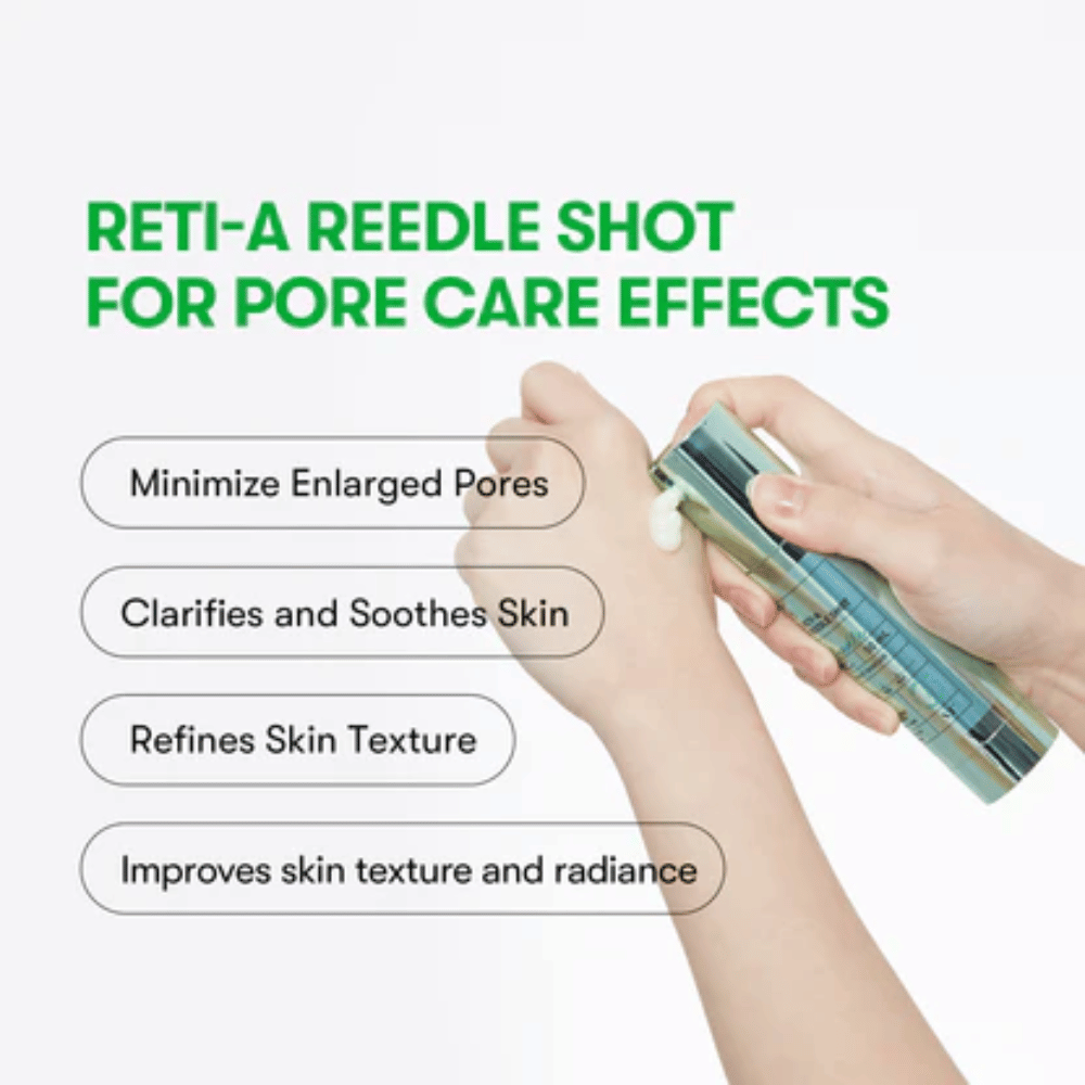 VT Reti-A Reedle Shot auf der Hand aufgetragen, zeigt die Textur des Serums und seine Wirkung zur Minimierung von Poren, Beruhigung der Haut und Verbesserung der Ausstrahlung der Haut.