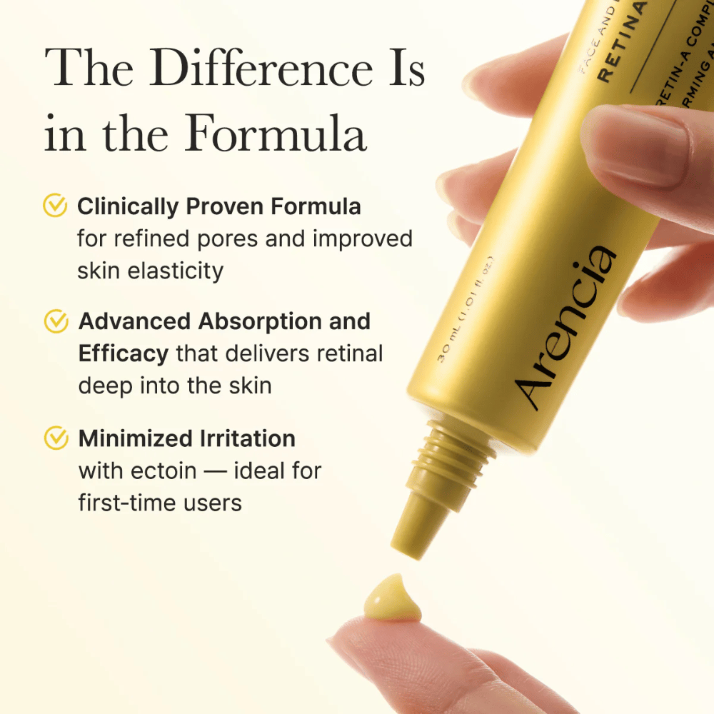 Nahaufnahme von Arencia Retinal Booster Shot, die die Formel und Vorteile wie klinisch nachgewiesene Wirkung, verbesserte Absorption und minimierte Reizung zeigt.