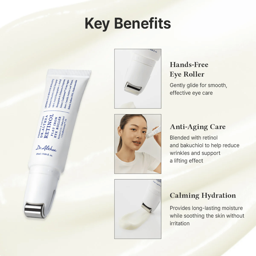 Dr. Althea Retinol Flat Iron Eye Roller mit Metallroller für kühlenden Effekt, Anti-Aging-Eigenschaften und langanhaltende Feuchtigkeit ohne Irritationen.