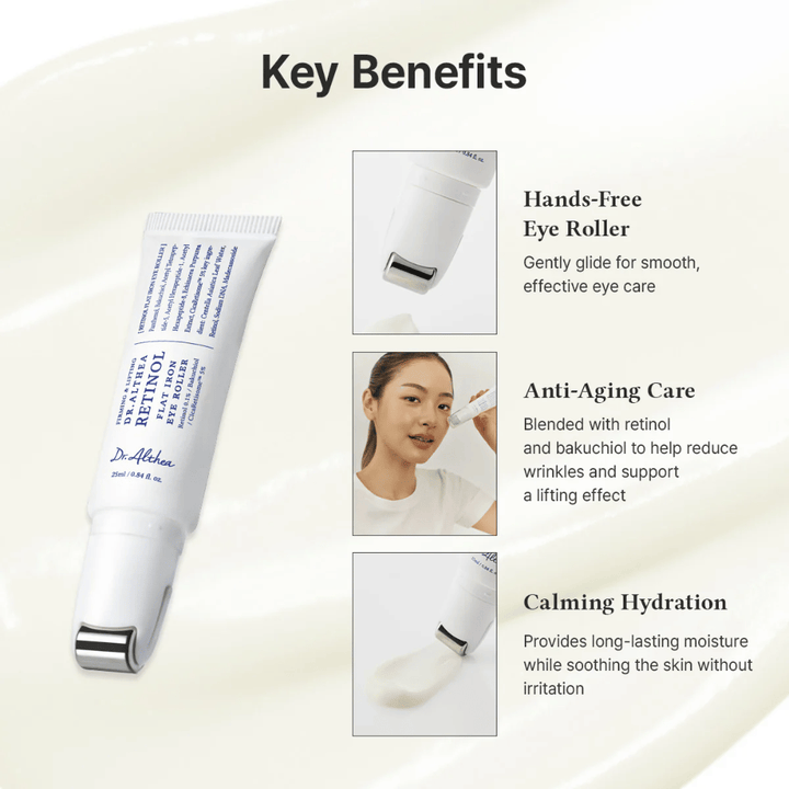 Dr. Althea Retinol Flat Iron Eye Roller mit Metallroller für kühlenden Effekt, Anti-Aging-Eigenschaften und langanhaltende Feuchtigkeit ohne Irritationen.