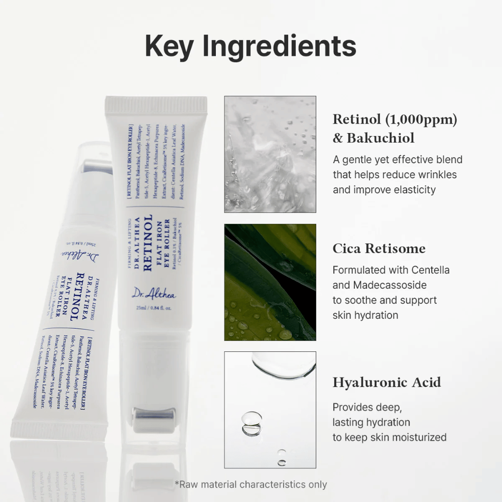 Dr. Althea Retinol Flat Iron Eye Roller mit Retinol, Bakuchiol, Cica und Hyaluronsäure, die Feuchtigkeit spenden, beruhigen und Falten reduzieren.