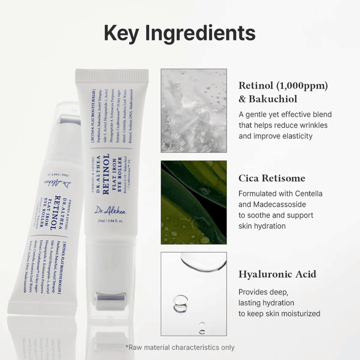 Dr. Althea Retinol Flat Iron Eye Roller mit Retinol, Bakuchiol, Cica und Hyaluronsäure, die Feuchtigkeit spenden, beruhigen und Falten reduzieren.