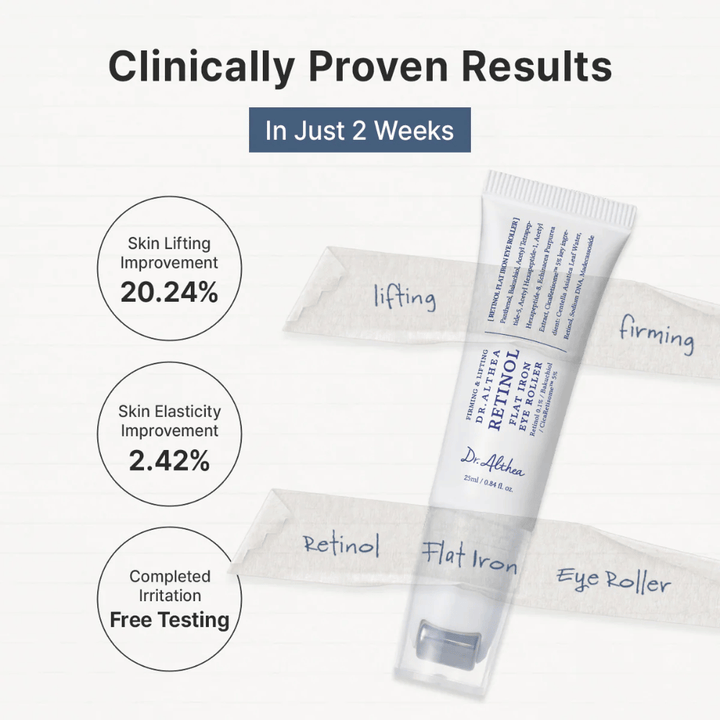 Dr. Althea Retinol Flat Iron Eye Roller mit klinisch nachgewiesenen Ergebnissen, die die Elastizität der Haut verbessern und sichtbar festere Haut um die Augen bieten.