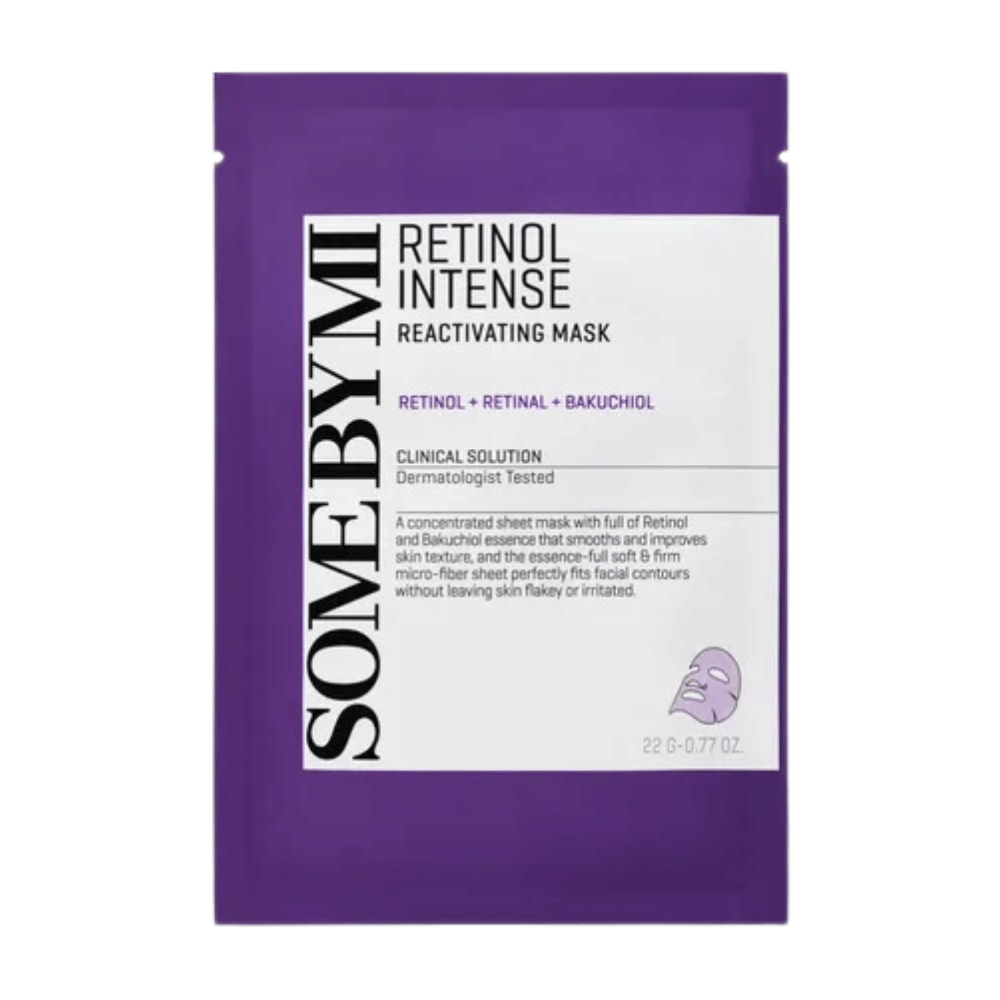 Das Bild zeigt eine Verpackung von "Retinol Intense Reactivating Mask", einem Hautpflegeprodukt, das Retinol, Retinal und Bakuchiol enthält. Die Maske ist dermatologisch getestet.