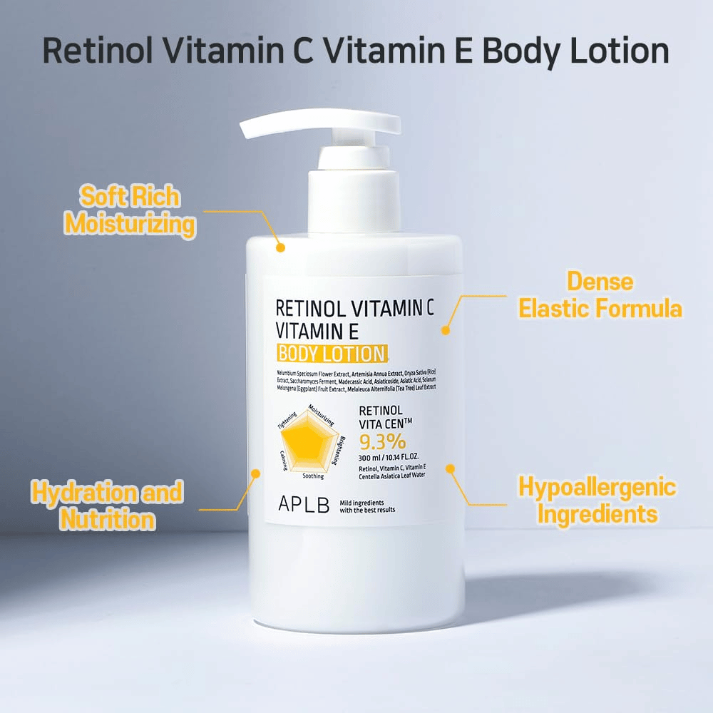 Produktbild, bei dem die Flasche zentral steht und von grafischen Markierungen umgeben ist. Diese weisen auf Eigenschaften wie Feuchtigkeitsversorgung, Pflege, weiche Textur, elastische Formel und hypoallergene Inhaltsstoffe hin.