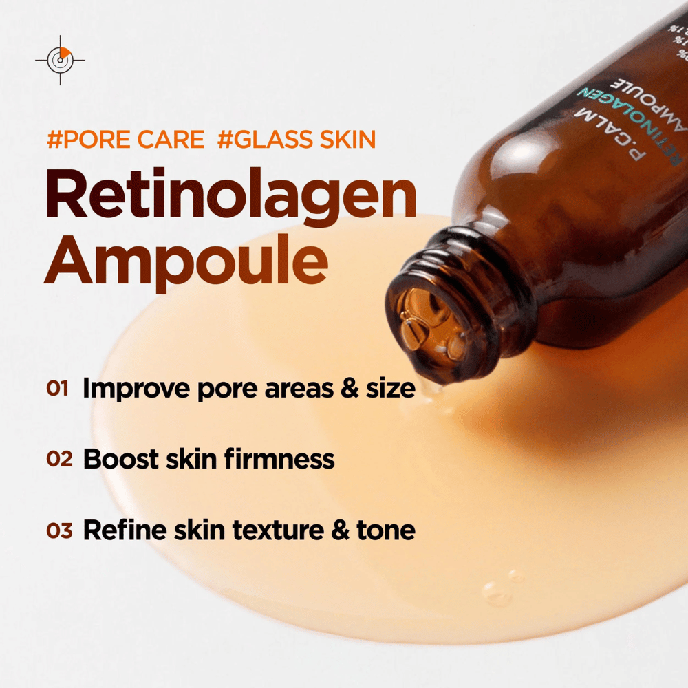Marketingbild für P.CALM Retinolagen Ampoule mit Serum, das aus der Flasche über eine goldene Serumtextur fließt. Das Bild hebt Vorteile wie verbesserte Porengröße, erhöhte Hautfestigkeit und einen ebenmäßigeren Hautton hervor.