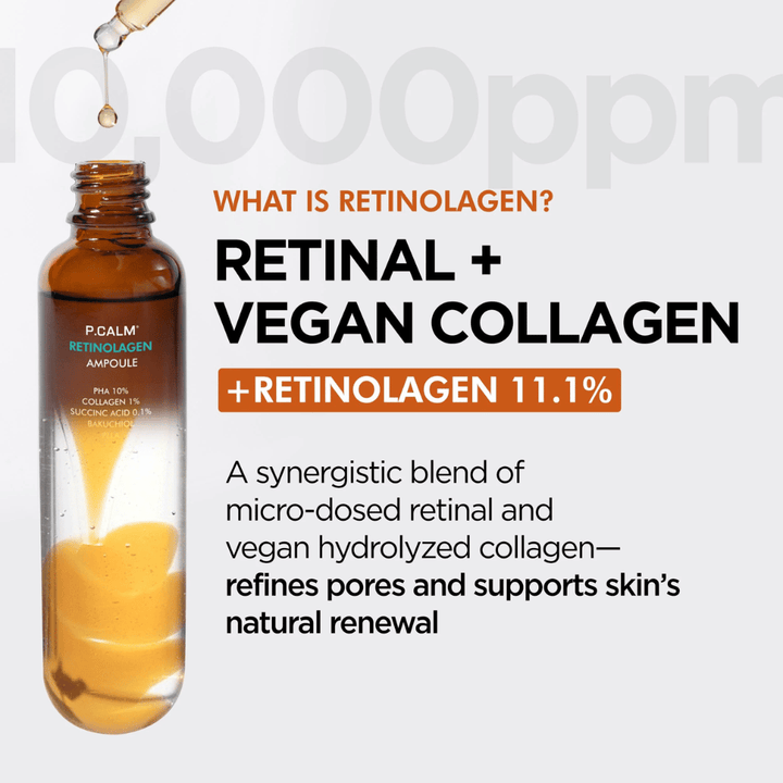 Produktbild von P.CALM Retinolagen Ampoule zusammen mit Informationen über „Retinolagen“, eine Kombination aus Retinal und veganem Kollagen. Das Bild betont Hauterneuerung, verbesserte Hautstruktur und Porenverfeinerung.