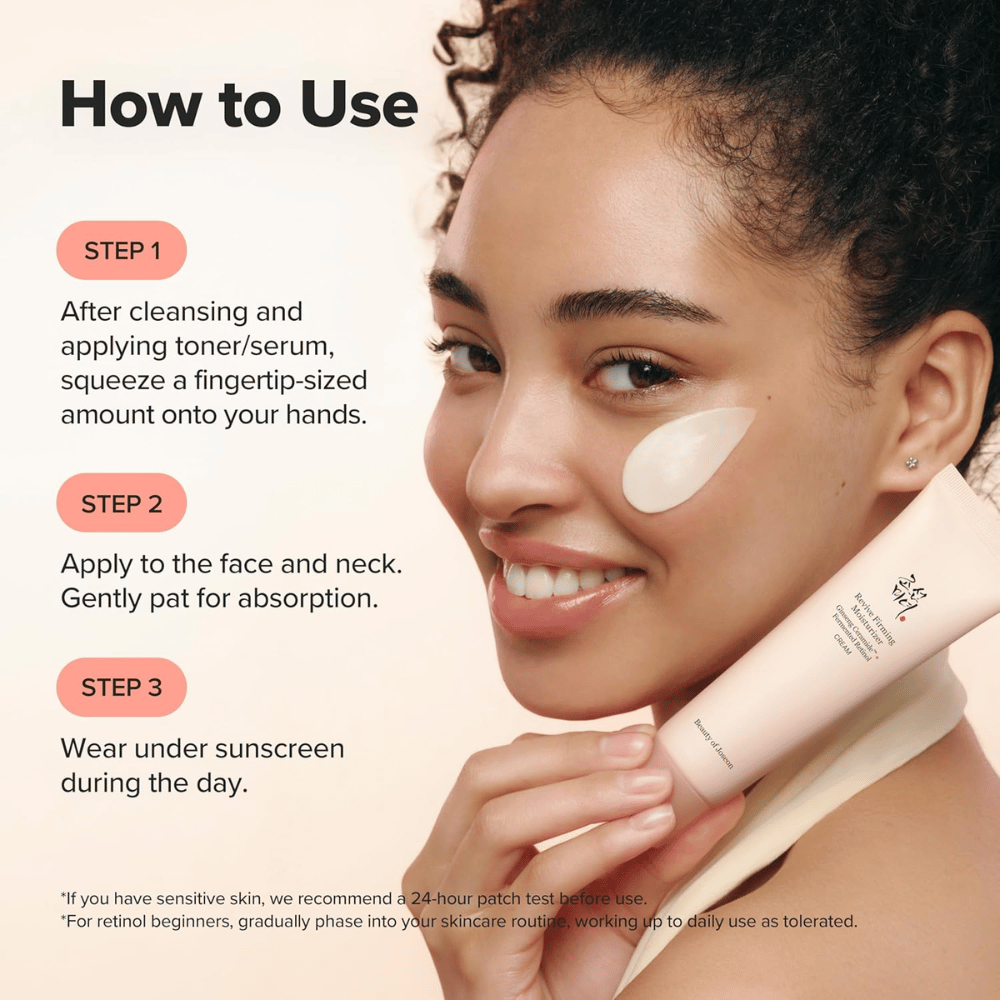 Bild – Anwendung / Auftragen
Beauty of Joseon Revive Firming Moisturizer wird nach der Reinigung im Gesicht aufgetragen, spendet der Haut Feuchtigkeit und verbessert mit Retinol die Elastizität.