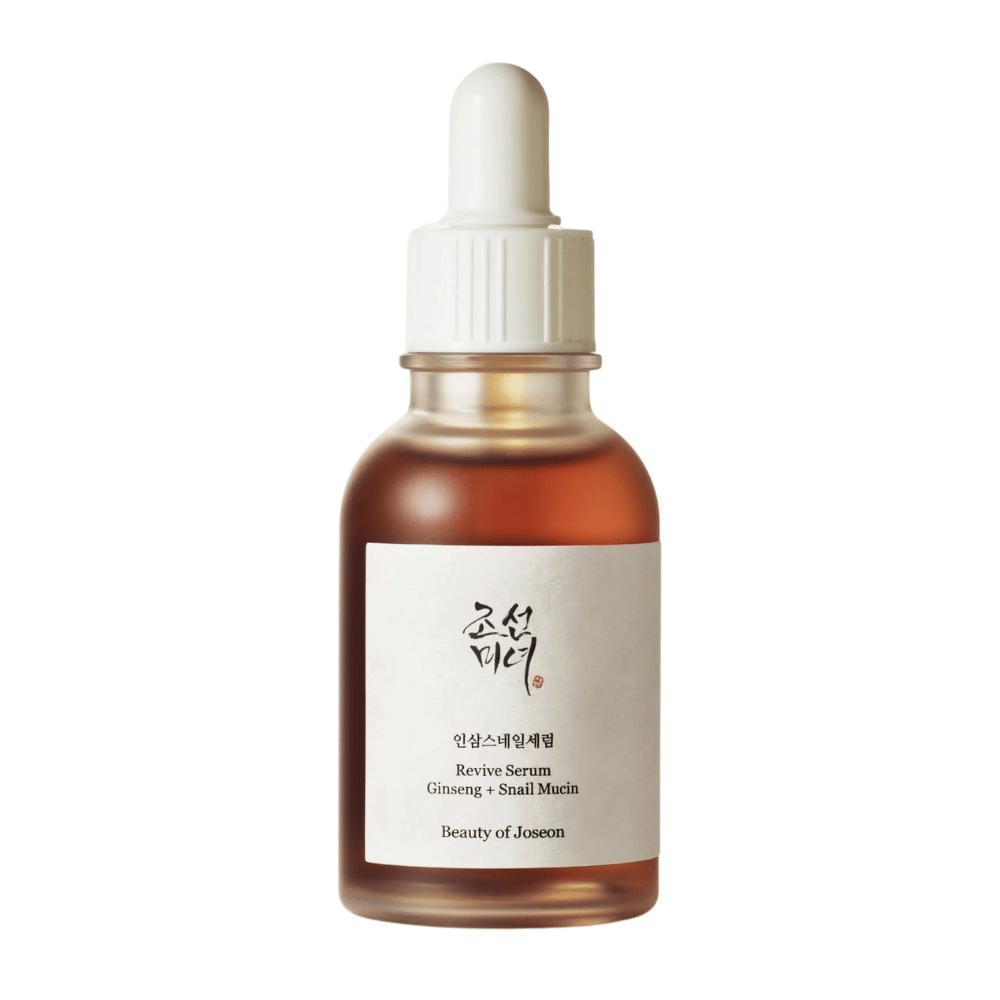 Produktbild von Beauty of Joseon Revive Serum Ginseng + Schneckenschleim in brauner Glasflasche – Anti-Aging-Serum für festere Haut.