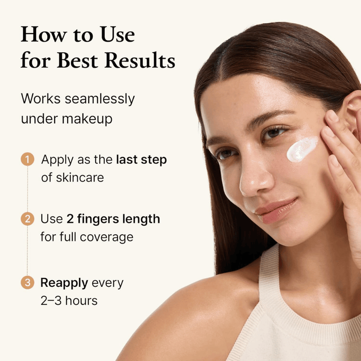 Anwendungsanleitung, in der ein Model die Sonnencreme auf die Haut aufträgt. Das Bild erklärt, wie das Produkt für beste Ergebnisse verwendet wird, und hebt hervor, dass es gut unter Make-up funktioniert sowie im Laufe des Tages für optimalen Schutz erneut aufgetragen werden sollte.
