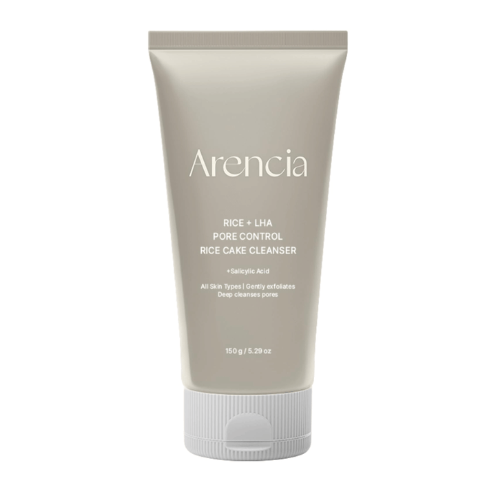 Arencia Rice + LHA Pore Control Rice Cake Cleanser in voller Ansicht vor weißem Hintergrund, koreanische Gesichtsreinigung mit Reis und LHA für sanftes Peeling und ausgeglichene Haut.