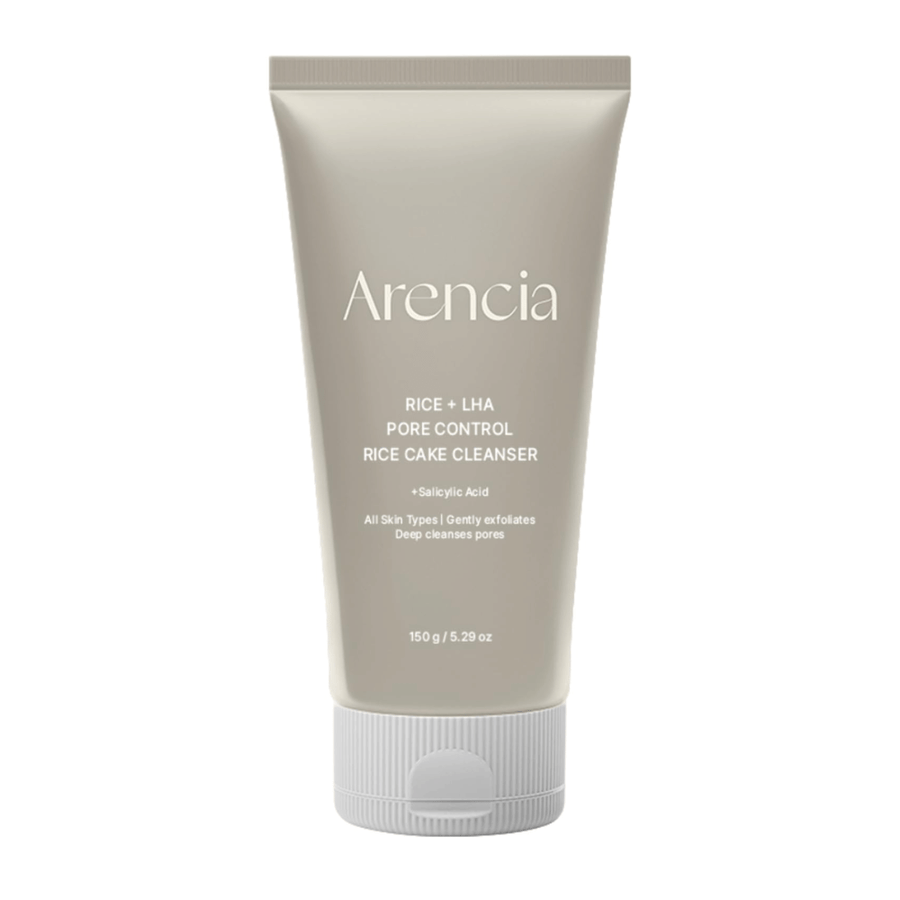 Arencia Rice + LHA Pore Control Rice Cake Cleanser in voller Ansicht vor weißem Hintergrund, koreanische Gesichtsreinigung mit Reis und LHA für sanftes Peeling und ausgeglichene Haut.